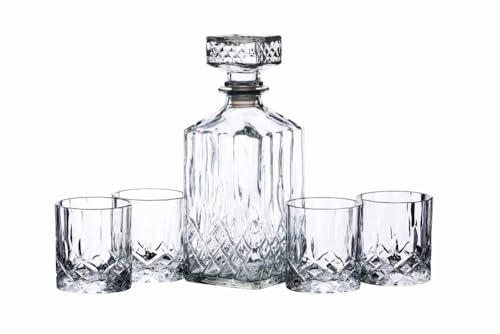 BarCraft Whisky Karaffe und Glas Geschenkset, geschliffenes Glas, 5-teiliges Set, 900ml Karaffe mit Silikonverschluss und 4x Gläser, 26 x 10 x 24cm