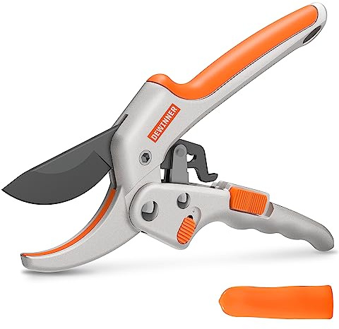 DEWINNER Ratsche Gartenschere Premium Professional Ratsche Gartenschere Antihaft, hochwertige Stahlklingen, Länge: 20 cm, Orange