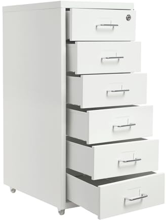 BRRIDE Rollcontainer mit 6 Schubladen, Aktenschrank Abschließbar, Schubladenschrank Rollschrank Rollwagen Metall Bürocontainer, Schmaler Schrank mit Cue-Kartenschlitz für Home-Office (Weiß)