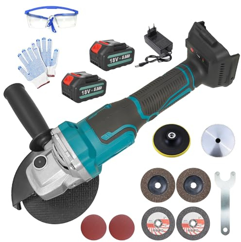 ANUPTTA Akku Winkelschleifer 125mm, für 18V Makita Akkus, Akku Flex mit 2×5500mAh Akku & Ladegerät und 14 Zubehörteile, Bürstenlon Trennschleifer Set Zum Schneiden, Schleifen, Polieren (10000 U/min)