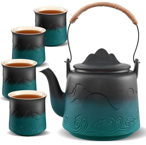 ZENS Design Japanische Teeservice,1000ml Gradienten Geprägtem Japanische Teekanne mit 4 Tassen Set, Hanfseilgriff Teeset mit Eingebautes Sieb für Weißer Losen Tee Steeper, Schwarz & Grüner