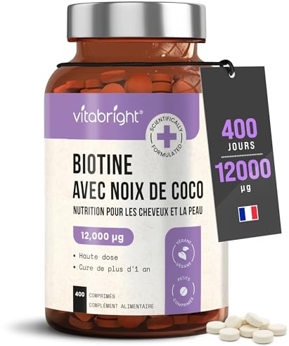 Biotin 12.000 µg hochdosiert für Haare | 400 Tabletten | 24.000% NRV | 1 Tablette täglich | Über 1 Jahr Vorrat | Vegan | VitaBright