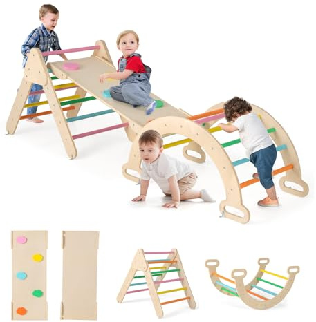 GOPLUS Klettergerüst Indoor, 4 in 1 Kletterdreieck & Kletterbogen & Leiter & Rutsche, Sprossendreieck Spielplatz zum Klettern, Rutschen und Wippen, für Kleinkinder ab 1 Jahre (Bunt)