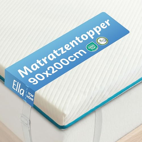 Ella Topper 90x200cm H3 H2 7cm hoch, Matratzentopper mit Elastischer und Rutschfester Unterseite, Gel Memory Schaum, Öko-Tex & CertiPUR zertifizierter Visco Thick Mattress Topper