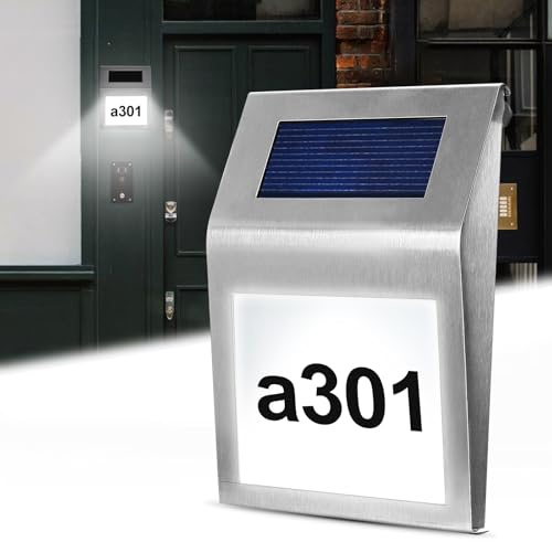 Hausnummer Beleuchtet Solar, Solarhausnummer, Hausnummernschild IP65 Wasserdicht, Edelstahl Hausnummernleuchte, Hausnummers Solar mit Buchstaben a-h,Nummern 0-9