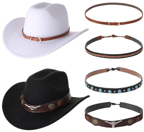 Partideal 2 Stück Cowboyhut Damen Herren Westernhut mit 4 Stück Lederhutband,Fedora Hut Breiter Krempe Cowboyhüte Stilvoll,Schwarz und Weiß