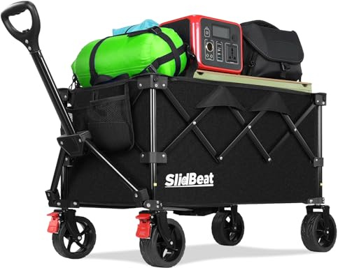 SLIDBEAT Bollerwagen Faltbar mit Bremsen, 150L 150KG Faltbarer Bollerwagen All Terrain Räder, Verstellbarem Griff, Getränkehalter Klappbar Handwagen Für Camping Shopping Garten Strand