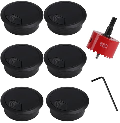 Lochsäge 60mm mit 6 Stück Kabeldurchführung Schreibtisch Kabeldurchführung Tisch, Lochkreissäge, Lochbohrer Set Bohrkrone, Kabeldurchlass Kabelauslassdose, mit 1 x Sechskant Adapter