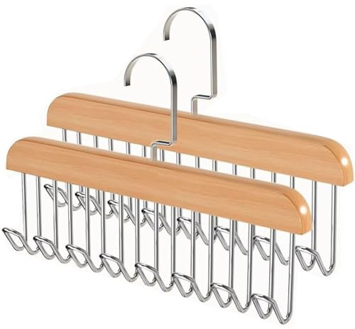 Gürtelhalter Kleiderschrank, 2 Stück Holz Kleiderbügel mit 8 Haken 360 Grad Drehbarer Krawattenbügel Platzsparende Gürtelhalter Schrank Organizer Aufbewahrung für Schals Krawatten Gürtel (Holzfarbe)