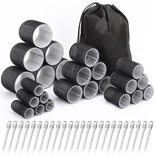 Lockenwickler-Set mit 24 Lockenwicklern (6 Jumbo, 6 L, 6 M, 6 S) und 24 Klammern für alle Haarlängen (Schwarz)