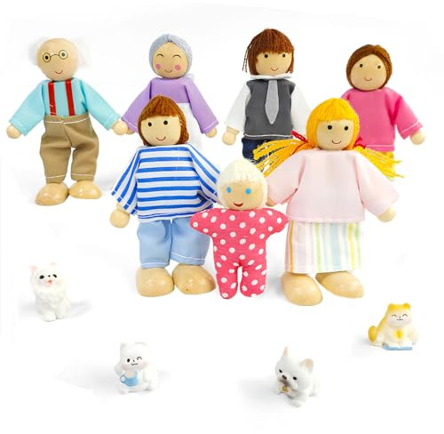 Lonsien Puppen Puppenhaus Figuren 11 Stück Hölzerne Puppenfamilie Biegepuppen mit Katze und Hund für Puppenhaus Zubehör Geschenk