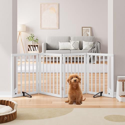 Semiocthome Freistehende Baby- & Haustiergitter aus Bambus, Hunde- und Katzengitter für Türen, Treppenschutzgitter für Welpen, Faltbare Sicherheitsgitter (Weiß, 4 Platten - 188cm Breit)