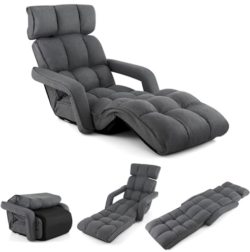 COSTWAY Relaxliege 5-Fach einstellbar, Bodensessel Klappbar, Relaxsessel mit Armlehne Rückenlehne, Bodenliege für Gaming & Schlafen & Lesen (Dunkelgrau)