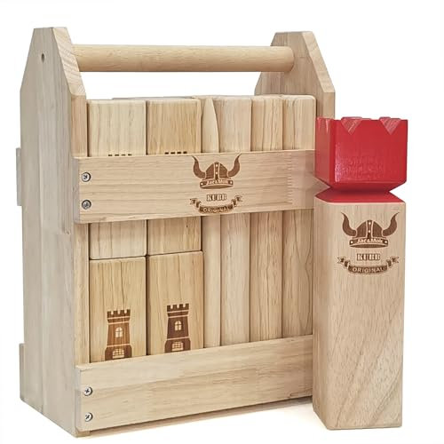 Kubb Spiel Set - Hartholz Wikinger Spiele mit Gummiholzkiste - KUBB Werfen Outdoor Spiele (Red King, Reguläre Größe)