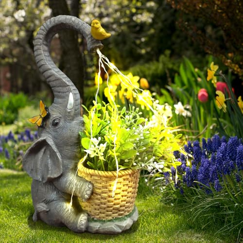 Solar Elefant Gartenfigur, Elefanten Statue mit Dekotopf, Gartendeko | Niedliches Elefanten Design Mit Dekotopf | Wetterfeste Resin Figur Mit Solarlicht | Für Garten, Balkon Und Terrasse