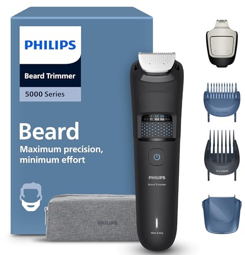 Philips Bartschneider 5000er-Serie – selbstschärfende Metallklingen, 40 Längeneinstellungen, BeardSense-Technologie, Haarkollektor, 100% wasserdicht, Reiseetui, Modell BT5765/15