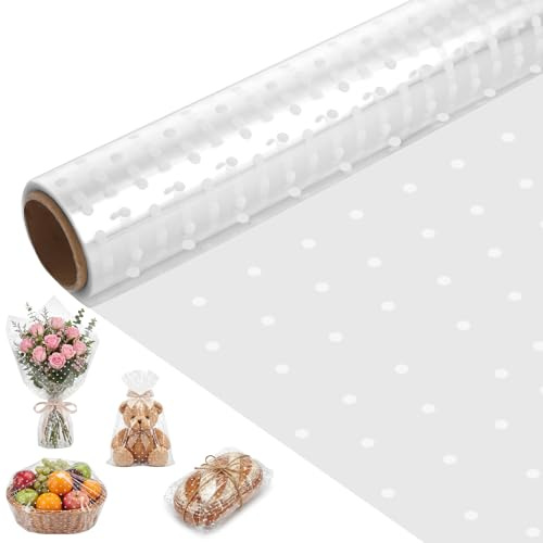 30mx40cm Cellophan Rolle, Geschenkfolie Transparent Geschenkpapier Durchsichtige Folie Cellophanfolie für Geschenkkorb Geschenk Muttertag Hochzeit Blumenstrauß (Weißer Punkt)