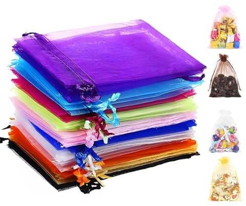 AMSGANK Organzasäckchen Bunt, 100 Stück 10 x 15 cm Geschenk Organzabeutel Organzasäckchen Organza-Beutelchen mit Kordelzug Sie als Hochzeit Bonbonsbeutel, Schmuckbeutel, Geschenkbeutel