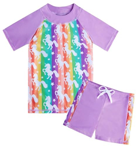 Fanient Mädchen Zweiteiliger Badeanzug Sommer Schnelltrocknende Swimsuit Kurzarm und Shorts Badeanzug Mädchen 6-7 Jahre