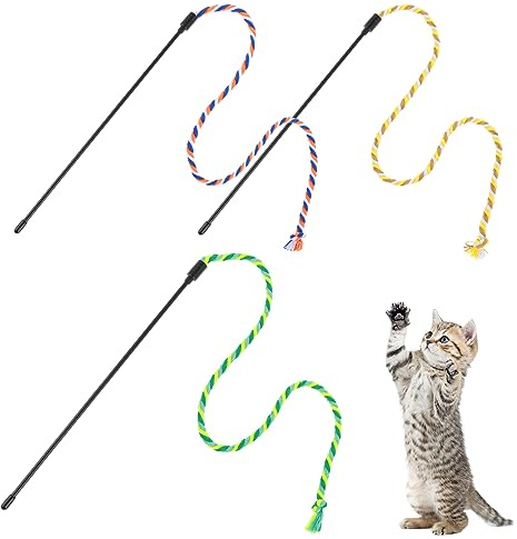 simarro Katzenfederstab-Spielzeug, interaktiver Katzenstab, Spielzeug für Indoor-Katzen, Erwachsene, bunte Federn, Kätzchen, Katzenstab-Spielzeug für Indoor-Katzen, Spieljagd, Übung (farbiges Seil), 3
