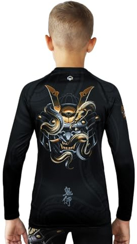 Ground Game Rashguard-Shirts für Jungen Mädchen Tshirt Langarm, Kampfsport BJJ Kinder, Oni Samurai, 146 cm