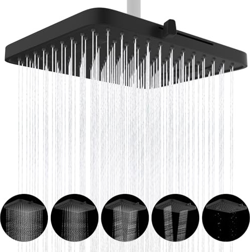 Hibbent Regen-Duschköpfe, 13 Zoll, 5 Sprüher Regenfall-Duschkopf, quadratische Einbau-Duschköpfe, schwenkbarer Strahlwinkel, üppiges Duscherlebnis, einfache Installation,Schwarz