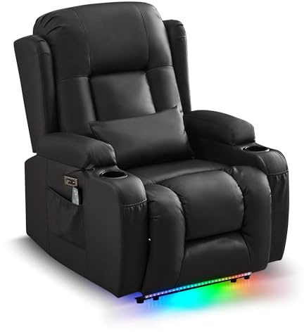 LIFTSHA Relaxsessel mit Liegefunktion für Erwachsene, Fernsehsessel Elektrisch Verstellbar mit Heizung & Vibrierende Massage, TV Sessel Heimkinositze mit LED-Umgebungslicht (1, Schwarz)