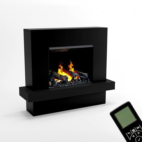 GLOW FIRE Wasserdampf Kamin Hera (Standkamin) - Elektrokamin mit Heizung und Kaminfeuer - Kaminkonsole aus Holz mit patentiertem Opti-myst-LED Kamineinsatz, 126x110x32 cm - Schwarz