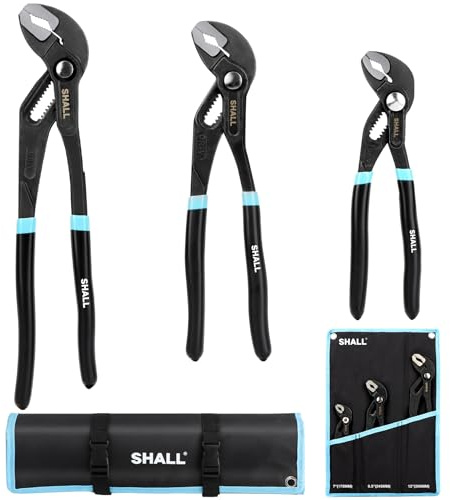 SHALL 3-teiliges Nut-Gelenk-Zangen-Set, Push-Lock-Wasserpumpenzange aus Cr-V-Stahl, schnell verstellbare Nut- und Federzange mit Werkzeug-Rolltasche für Reparaturen und Klempnerarbeiten zu Hause