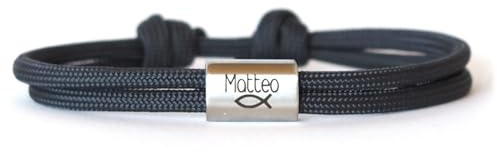 Personalisiertes Kinderarmband mit Namensgravur für Jungen & Mädchen – Kommunionsgeschenk mit Gravur aus Edelstahl & Nylon – Armband mit Fisch Symbol zur Firmung, Konfirmation, Taufe