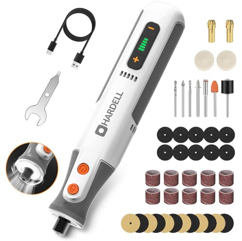 HARDELL Juego de Herramienta Rotatoria Inalámbrica 8V, 65 Accesorios, 5 Velocidades Ajustables, Carga Rápida Tipo-C, para Grabar, Lijar, Taladrar, Pulir, Soldar y Bricolaje