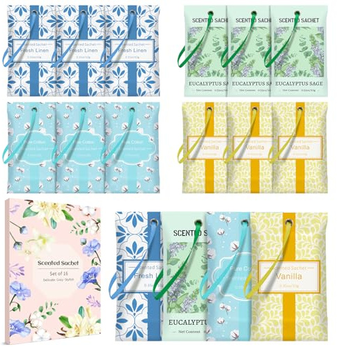 SCENTORINI Duftsäckchen, 16 Stück, Baumwolle, Leinen, Eukalyptus Salbei, Vanille Duftsachets für Kleiderschrank, Schubladen, Schränke, Raumduft, Beseitigung von Gerüchen