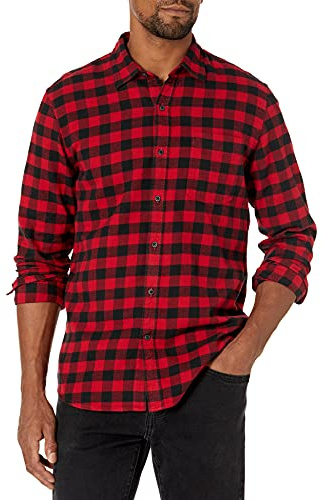 Amazon Essentials Herren Schmal Geschnittenes, Langärmliges Flanellhemd Mit Knopfleiste, Kariert, Schwarz Rot Buffalokaros, XL