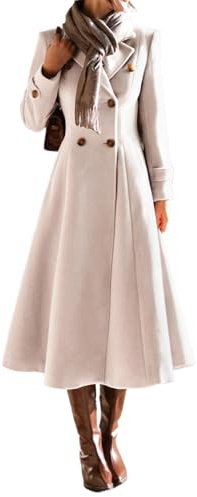 IDEALSANXUN Langer Damen-Trenchcoat aus Wolle, für Herbst und Winter, zweireihig, Peacoat-Jacke, Beige, Small