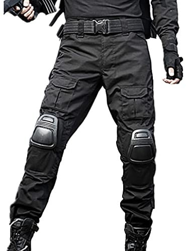 TACSIXTO Taktische Kampfhose mit Kniebatten, Ripstop Multi-Tasche Paintball Hose für Outdoor Wandern Jagd, Langlebige Ladung Arbeitshose (DE/NL/SE/PL, Alphanumerisch, L, Regular, Regular, Schwarz)
