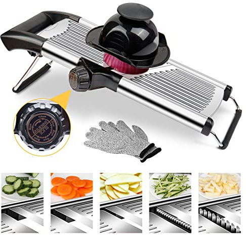 Gemüsehobel, Mandoline Slicer, Gemüseschneider – Verstellbare Edelstahl-Mandoline mit Scheiben-, Julienne- und Waffelschnitt, inkl. Handschuhe, Lebensmittel-Schieber und Reinigungsbürste