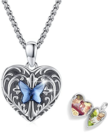 REDSUN Herz Medaillon Halskette 925 Sterling Silber Schmetterling Foto Kette Kristall Blau/Rosa/Rosenrot Amulett für Damen Fotos Personalisierte Anhänger Geschenke für Freundin Frau Mutter