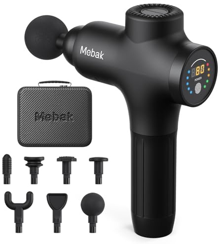 Mebak 3 Massagepistole Massagegerät Massage Gun Muskel 3200U/min 12MM Amplitude Elektrisches Handmassagegerät Faszien Tiefengewebe Tragbares für Nacken Rücken Körper mit 7 Köpfen 5 Stufen 2600mAh Akku