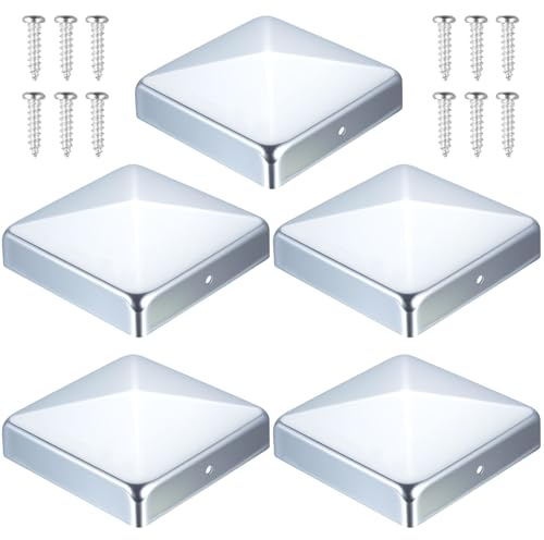 5 Stück Pfostenkappen 9x9cm, Zaunpfosten Kappen 90x90mm, Abdeckkappen, Verzinkte Metall Pfostenabdeckung, Pyramidenform Zaunkappen für Holzpfosten Pfostenträger, mit Schrauben