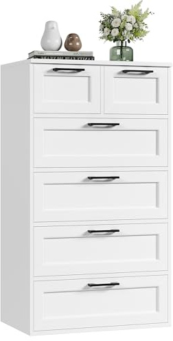 HOCSOK Kommode Weiß, Schlafzimmer Kommode mit 6 Schubladen | Hoch Schubladenschrank Sideboard für Wohnzimmer, Schlafzimmer, Flur, Modern, Holz