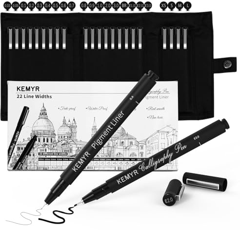 KEMYR Fineliner Schwarz set, Pigment Liner Set,Wasserfest Zentangle stifte für Künstler, Illustration, Skizzen, Technisches Zeichnen,Schwarz (0.03mm-L) 22 Stück Kalligraphie Stifte&Fineliner