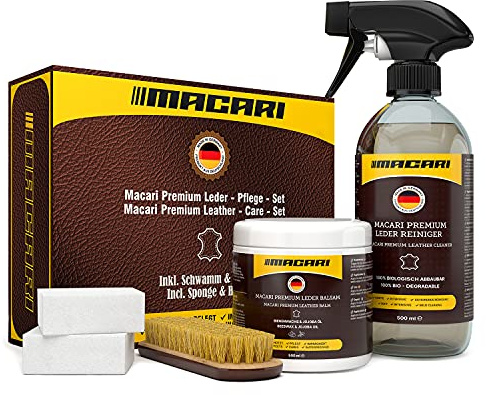 Macari Lederpflege 500ml Balsam + 500ml Reiniger + 2 Schwamm + Lederbürste Premium Leder Lederreiniger Set Bienenwachs für Ledercouch Auto Möbel Jacke Kleidung Sofa Handtasche Schuhe Sattel Lederfett