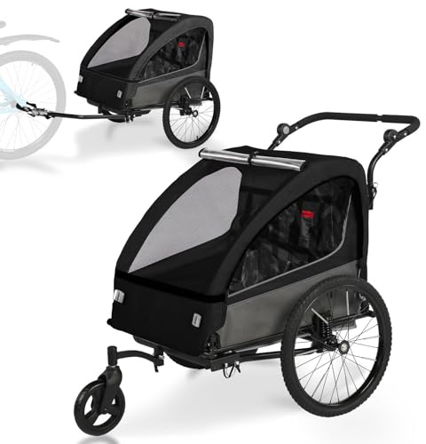 Kinderfahrradanhänger 2in1 mit Jogger & Buggy Funktion, Federung, höhenverstellbarem Schiebegriff & Handbremse, Fahrrad Anhänger für 1–2 Kinder, bis 40 kg, Schwarz