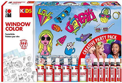 Marabu 0306000000101 - KiDS Window Color Party Set mit 6x 80 ml und 6x 25 ml Farbe, 10 Malfolien und 4 Malvorlagen, Fenstermalfarbe auf Wasserbasis, für glatte Oberflächen, Partyspaß für Kinder