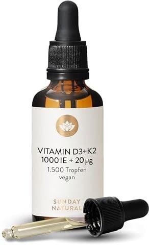 SUNDAY NATURAL® Vitamin D3 K2 Tropfen - Vegan - Premium Vitamin D 3 1.000 IE (25µg) + K2 MK7 ≥99,8% all-trans 20µg - Hohe Bioverfügbarkeit, ohne unnötige Zusätze, laborgeprüft