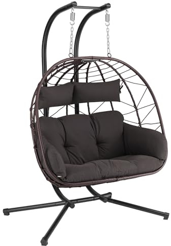 HinHocker Hängesessel für 2 Personen mit Gestell | Braun | XXL Hängeschaukel für Indoor und Outdoor | Inkl. Kissen und Auflagepolster | Hängesessel Outdoor, Gartenschaukel, Schaukelstuhl