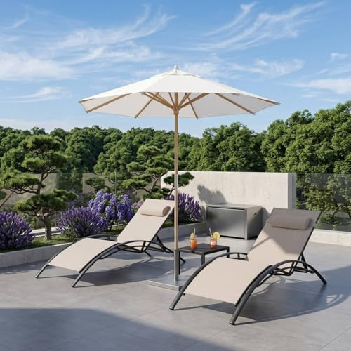 PURPLE LEAF XXL 2er-Set Sonnenliege, Aluminium Gartenliege mit Beistelltisch und Kopfkissen, Wetterfest, 5-Fach Verstellbar, Stapelbar, Bis 130 KG, Beige