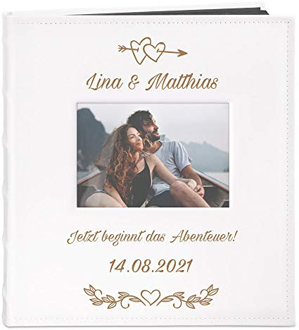 Maverton Fotoalbum zum Selbstgestalten mit Bildausschnitt + mit Gravur | Zum Jubiläum, Fotobuch zum Einkleben, 240 Fotos im Format 10x15-60 schwarze Seiten, Größe 33x30cm, Weiß, Hochzeitsgeschenk