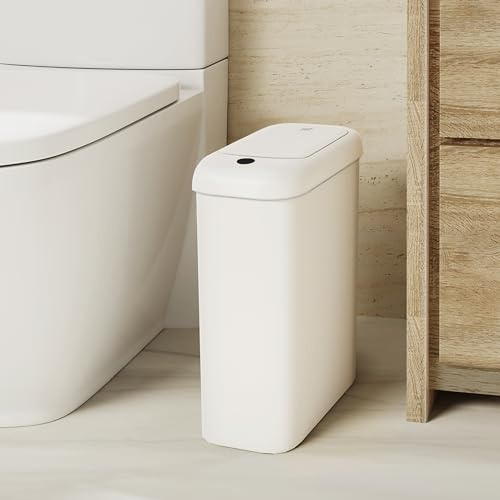 EKO Automatischer Badezimmer-Mülleimer mit Deckel, 10L Schlanker Sensor Abfalleimer, Wasserdichter Bewegungssensor-Kosmetikeimer für Bad, Büro und Küche, Soft Close, Weiß, Hochwertiger Kunststoff