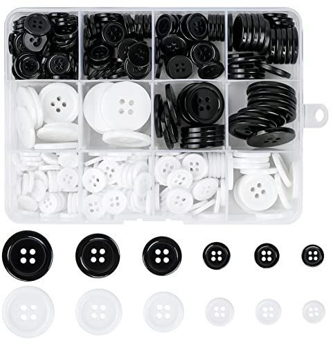 336 Stück Knöpfe, 4-Loch Schwarze und Weiße Harzknöpfe, 6 Größen Rund Basteln Knöpfe mit Aufbewahrungsbox, für Kleider Nähen DIY Handwerk Scrapbooking und Dekorieren, 10mm/11.5mm/12.5mm/18mm/20mm/23mm